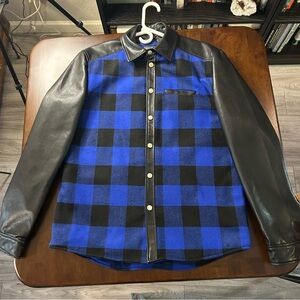 Slate & Stone Mens Wool Blue Buffalo Check and Eco Faux Leather Jacket Size M